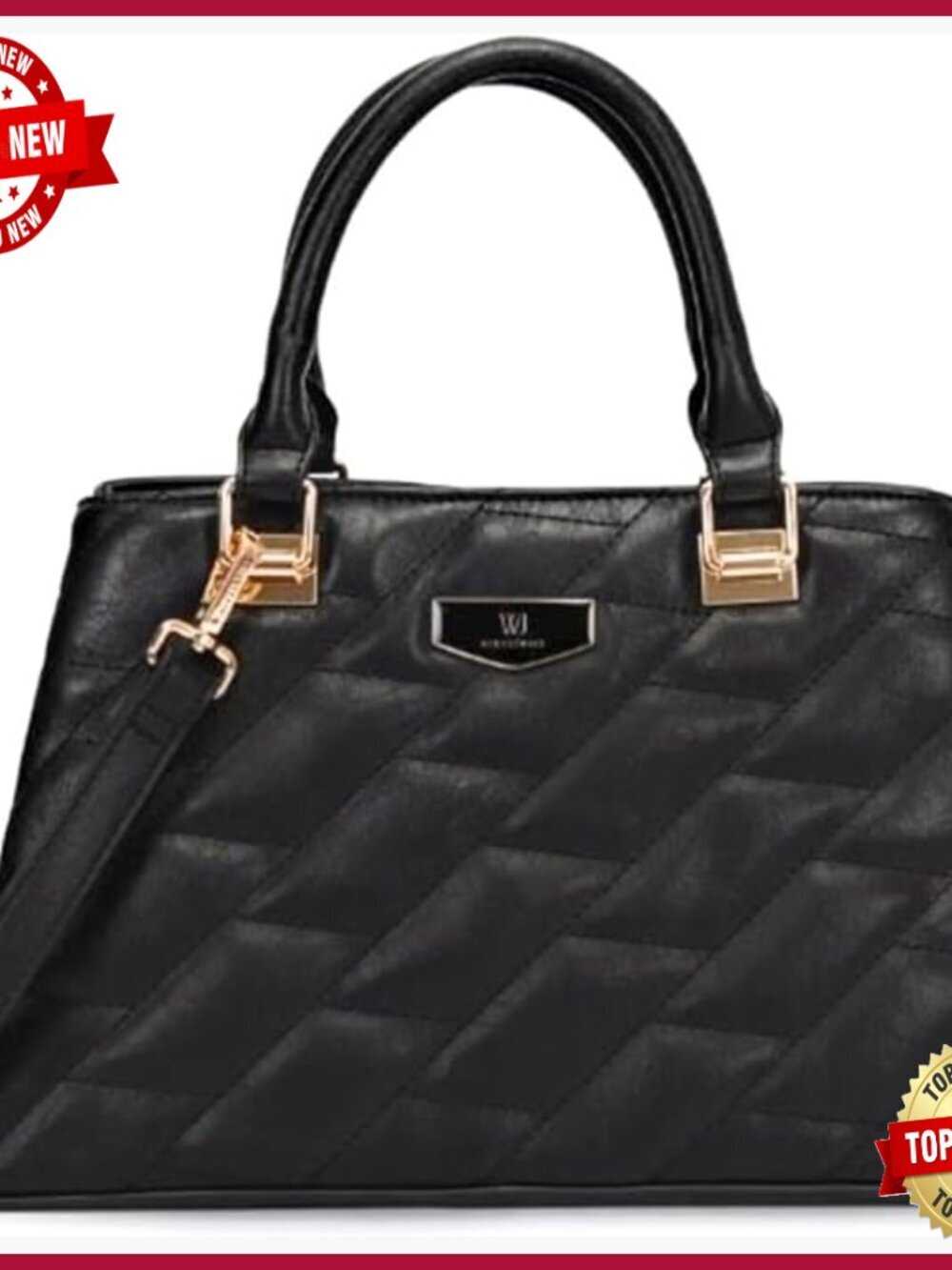 Quilted Leather Tote Handbag, Double Handle, Gold Hardware, Structured Satchel